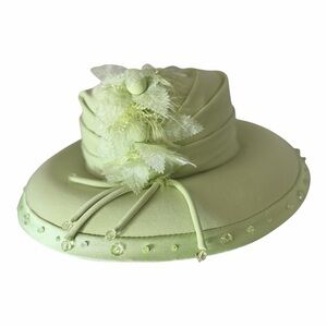 Milano Green Satin Wide Brim Hat with Beads, Sequin and more